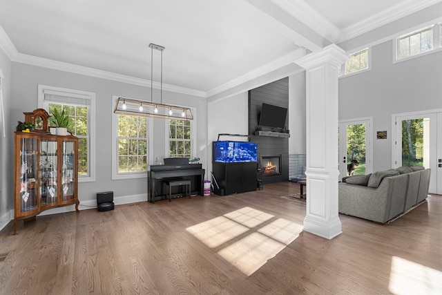 living room with a large fireplace, ornamental molding, hardwood / wood-style flooring, and ornate columns