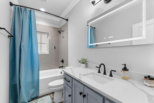 full bathroom featuring toilet, vanity, ornamental molding, and shower / bath combination with curtain