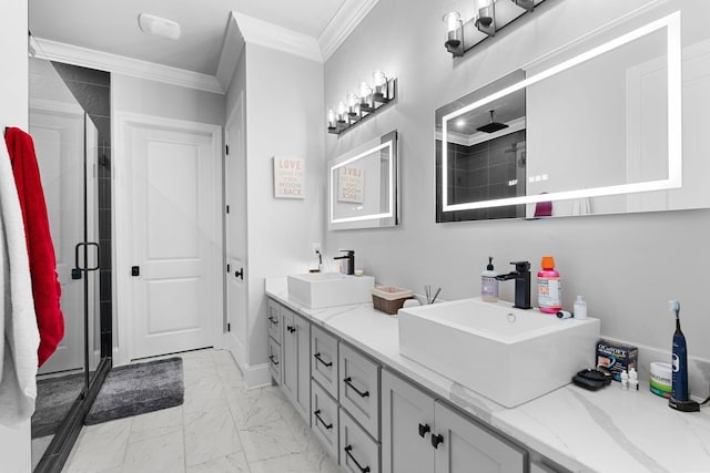 bathroom featuring walk in shower, crown molding, and vanity