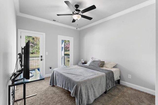 bedroom featuring ceiling fan, access to exterior, ornamental molding, and carpet floors