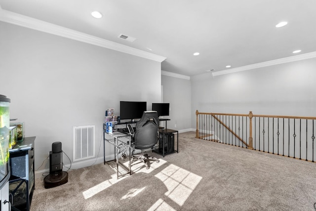 office area with light carpet and ornamental molding