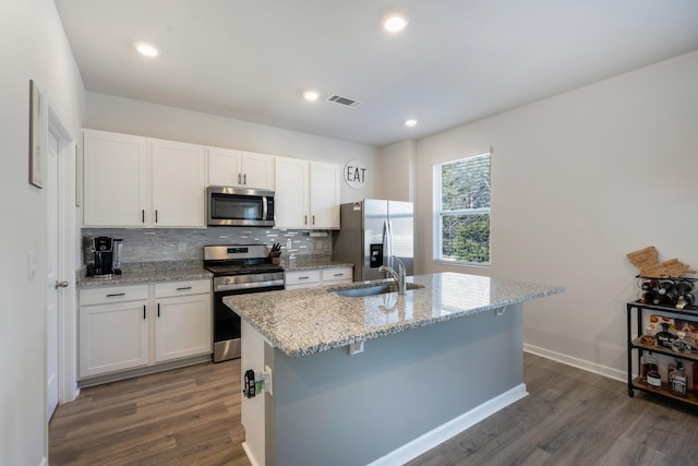 kitchen with sink, white cabinets, a center island with sink, and stainless steel appliances