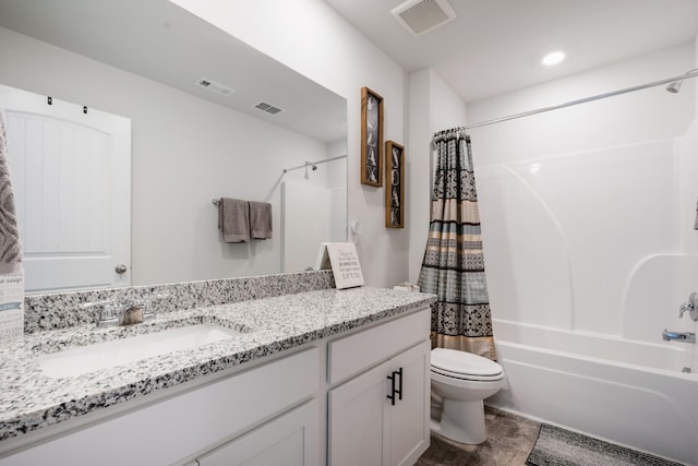 full bathroom with vanity, toilet, and shower / bath combination with curtain