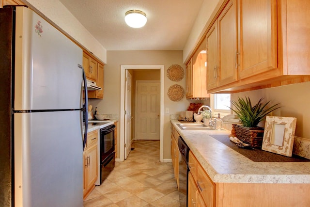 kitchen with light brown cabinetry, sink, and black appliances