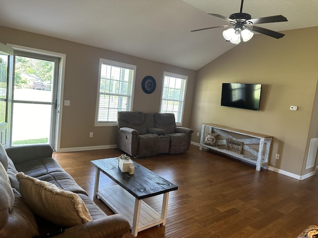 living room with dark hardwood / wood-style floors, vaulted ceiling, and ceiling fan