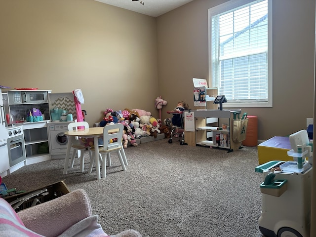 recreation room with washer / dryer and carpet flooring