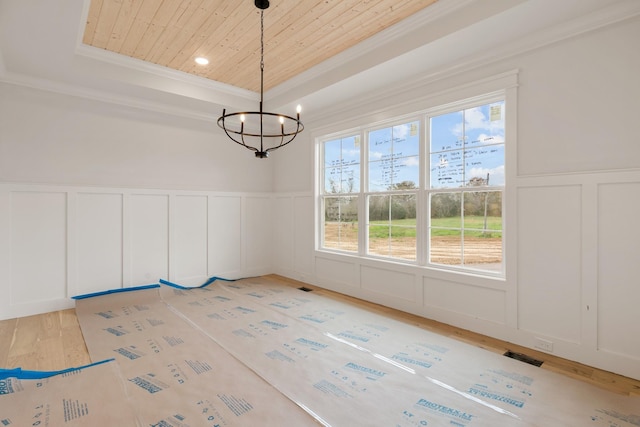 unfurnished dining area featuring an inviting chandelier, ornamental molding, wooden ceiling, and a tray ceiling