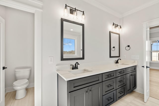 bathroom with crown molding, a sink, toilet, and double vanity