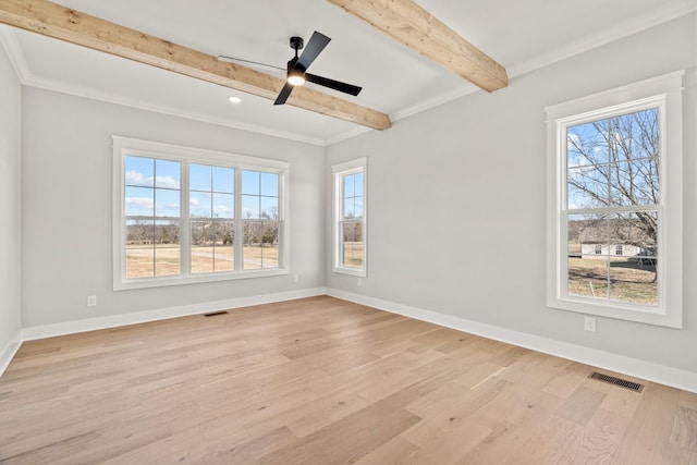 unfurnished room featuring light wood-style flooring, beamed ceiling, visible vents, and baseboards