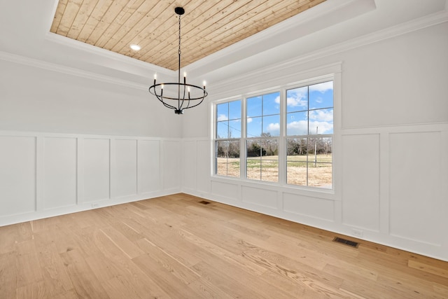 unfurnished dining area with a raised ceiling, visible vents, a decorative wall, wood ceiling, and light wood-type flooring