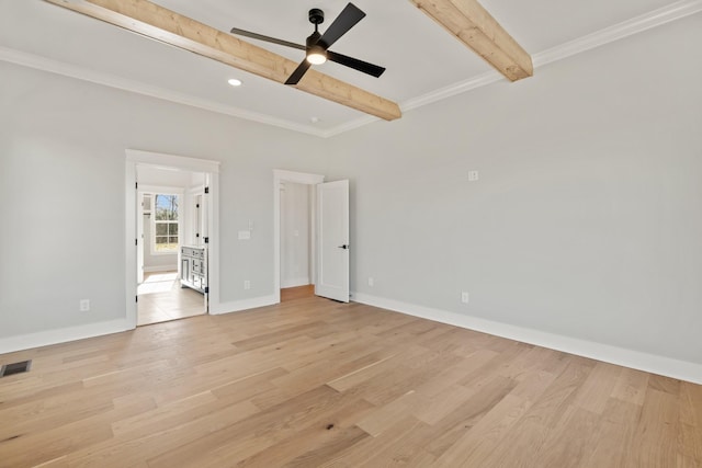 unfurnished bedroom with light wood-style floors, beamed ceiling, baseboards, and ornamental molding