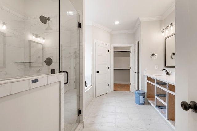 bathroom featuring vanity, crown molding, and plus walk in shower