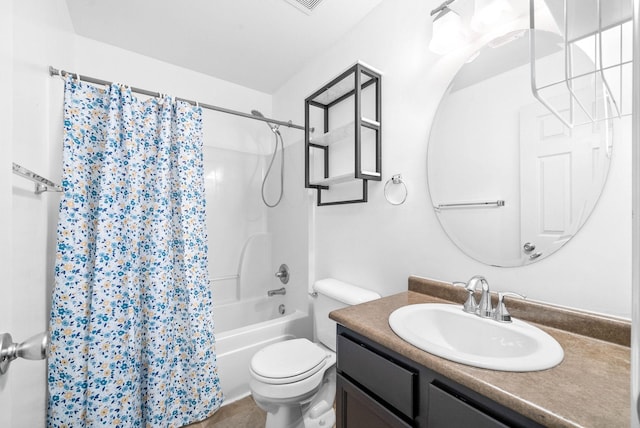 full bathroom with vanity, shower / bath combination with curtain, and toilet