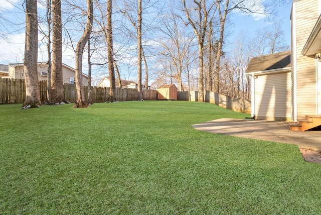 view of yard with a storage shed and a patio area