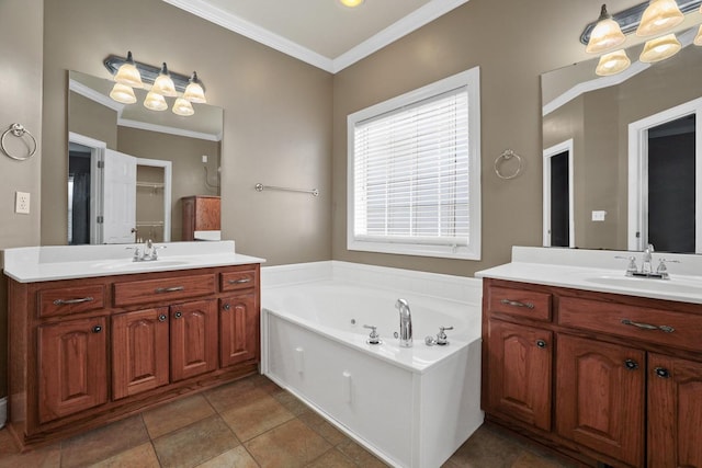 bathroom featuring a tub to relax in, vanity, and ornamental molding