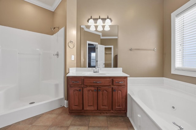 bathroom with crown molding, plus walk in shower, tile patterned floors, and vanity