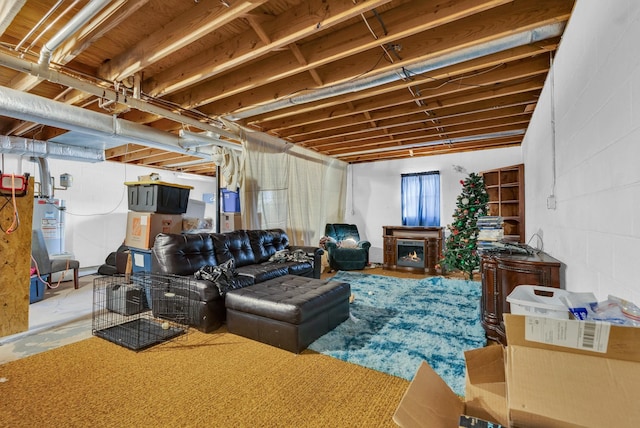 living room featuring gas water heater