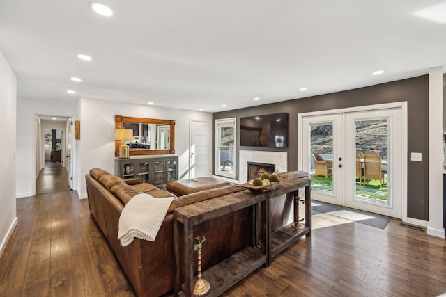 living room with wood-type flooring and french doors