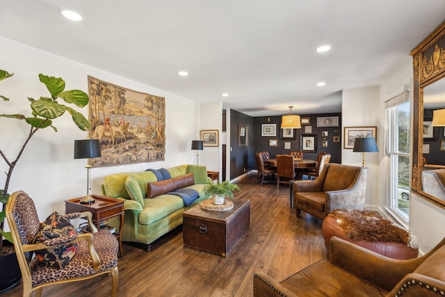 living room featuring plenty of natural light and dark wood-type flooring