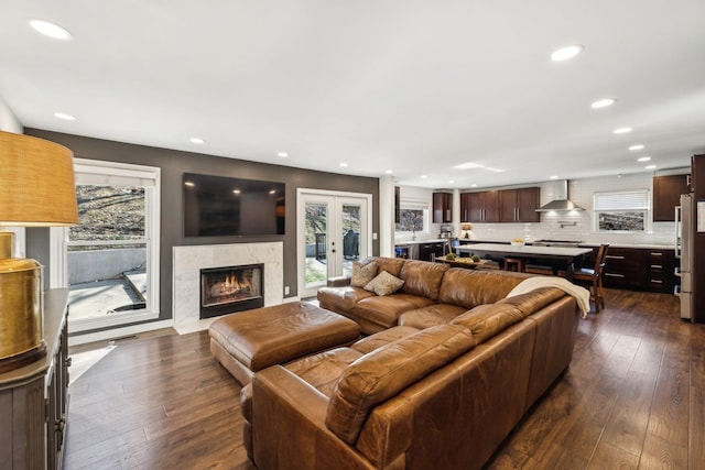 living room featuring french doors, a fireplace, and dark hardwood / wood-style flooring