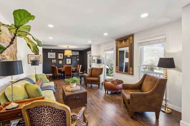 living room with dark hardwood / wood-style floors