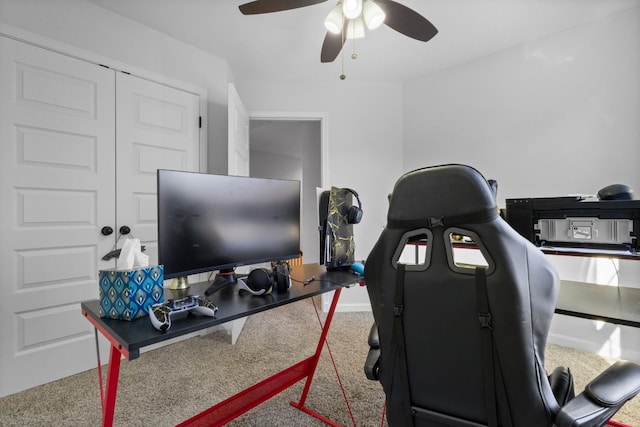 office featuring ceiling fan and carpet