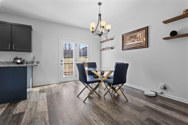 dining area featuring dark wood-type flooring and a notable chandelier