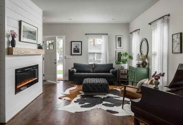 living room with a fireplace and dark wood-type flooring