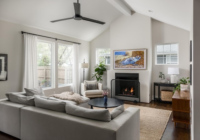 living room with ceiling fan, dark hardwood / wood-style flooring, and lofted ceiling with beams