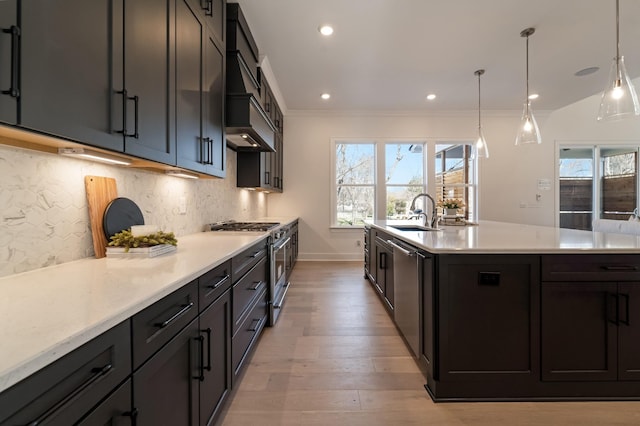 kitchen with custom exhaust hood, light hardwood / wood-style floors, sink, decorative light fixtures, and stainless steel appliances