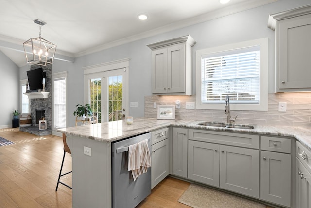 kitchen with decorative backsplash, sink, stainless steel dishwasher, and kitchen peninsula