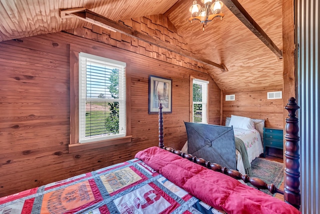 bedroom with wooden ceiling, wooden walls, a chandelier, and vaulted ceiling