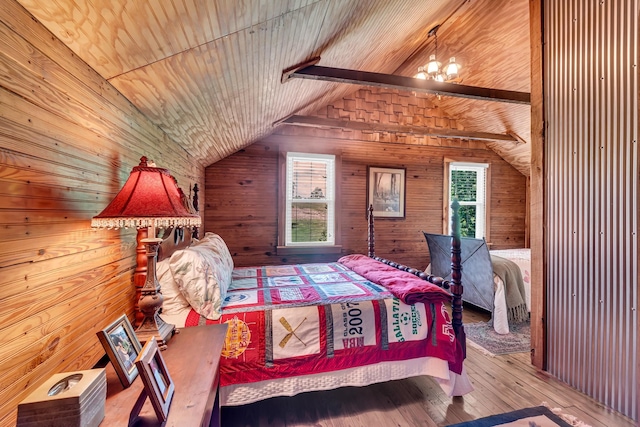 bedroom with wood ceiling, wood walls, and lofted ceiling with beams