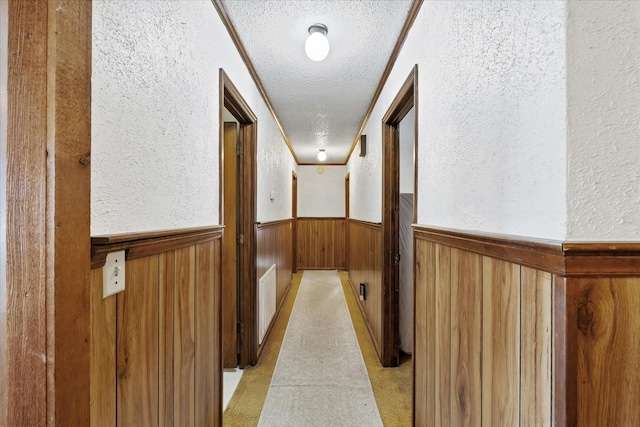 hallway with ornamental molding and a textured ceiling