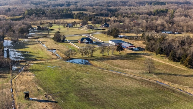 bird's eye view featuring a water view and a rural view