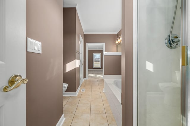 bathroom featuring tile patterned floors, toilet, crown molding, and plus walk in shower