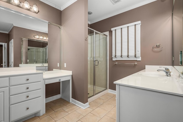 bathroom with tile patterned floors, a shower with door, crown molding, and vanity