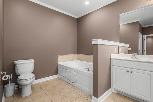 bathroom featuring a tub to relax in, tile patterned floors, ornamental molding, toilet, and vanity