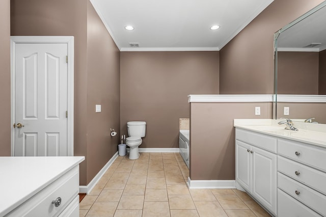 bathroom with tile patterned flooring, vanity, a tub, toilet, and ornamental molding