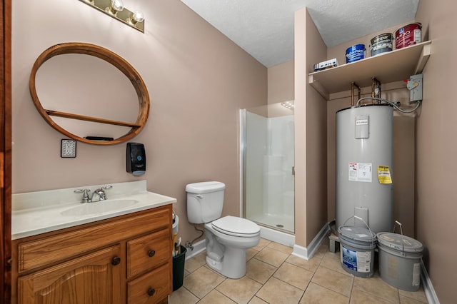 bathroom featuring tile patterned floors, toilet, walk in shower, vanity, and electric water heater