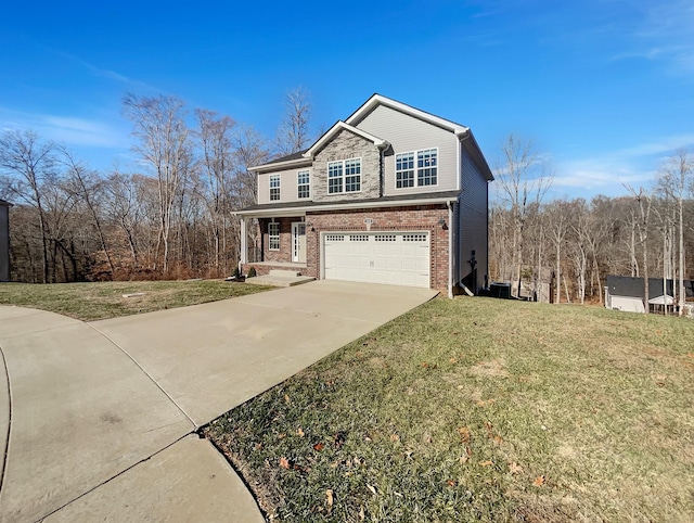 front facade featuring a porch, a garage, and a front lawn