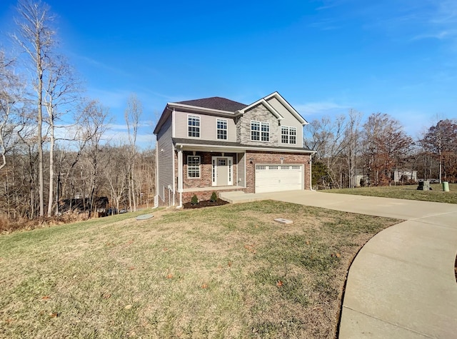 front facade featuring a porch, a garage, and a front lawn