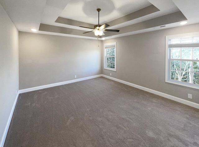 spare room featuring dark colored carpet, a healthy amount of sunlight, and a tray ceiling