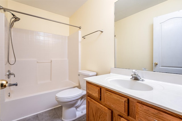 full bathroom with toilet,  shower combination, tile patterned flooring, and vanity