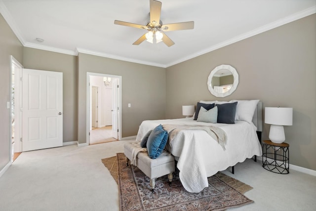 bedroom with ceiling fan, carpet, and crown molding