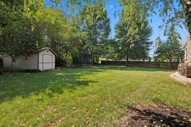 view of yard featuring a storage shed and a trampoline