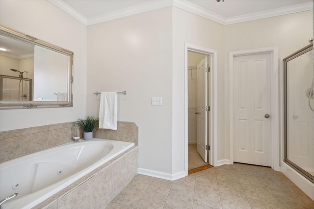 bathroom with shower with separate bathtub, ornamental molding, and tile patterned flooring