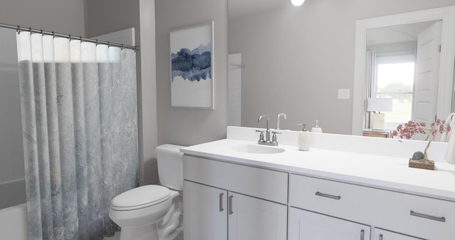 full bathroom featuring shower / bath combo, toilet, and vanity