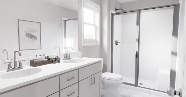 bathroom featuring toilet, walk in shower, tile patterned floors, and vanity