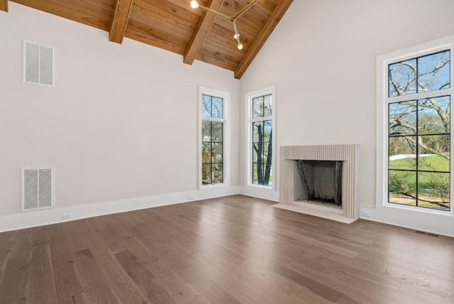 unfurnished living room featuring wooden ceiling, a wealth of natural light, dark hardwood / wood-style floors, and beamed ceiling